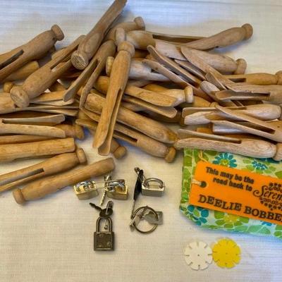 Deelie Bobbers With Tag And Bag, Miniature Vintage Locks And Keys, Wood Clothes Pins