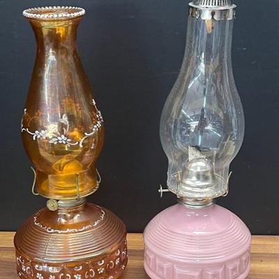 (2) Vintage Oil Lamps With Hurricanes - Kaadan Pink Cased Glass And Amber Carnival Glass
