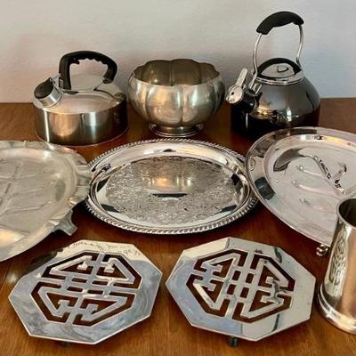 Vintage Pewter And Silver Plate - Crescent, Rice, Tea Pots, Tray