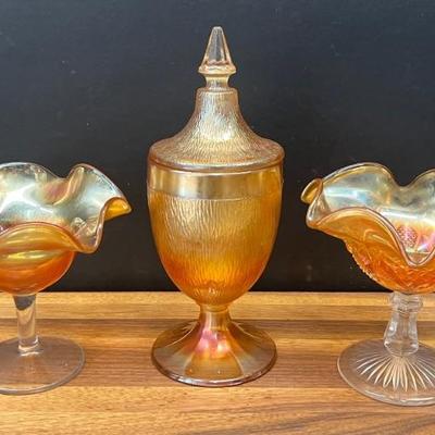 Fenton Carnival Glass Compote, Carnival Glass Compote, Jeanette Tree Bark Carnival Glass Lidded Dish