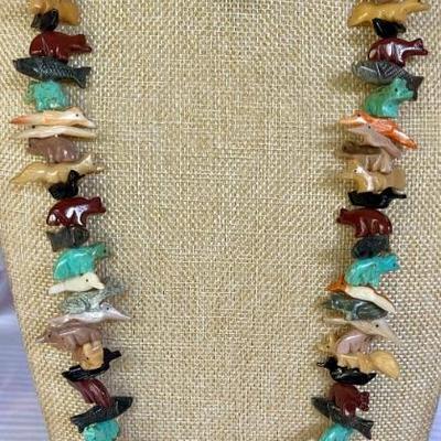 Vintage Native American Fetish Necklace 84 Hand Carved Mixed Stone Animals - MOP, Turquoise, Onyx, Coral, Etc.