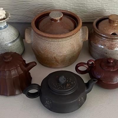 (3) Japanese Pottery Tea Pots With (3) Signed Pieces Of Studio Pottery Oil Lamp And Canisters