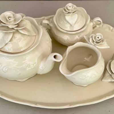Vintage Hand Made Ceramic Tea Set - Tea Pot, Cream, Sugar, And Tray