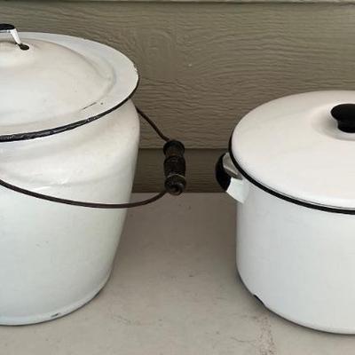 Vintage White Enamelware Lidded Stock Pot And Chamber Pot With Original Wood And Metal Handle