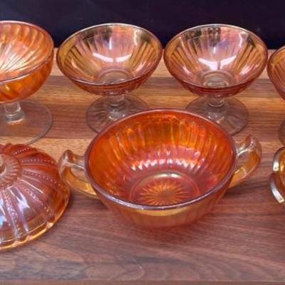 Assorted Carnival Glass Compotes, Bowl, Double Handled Sugar, Extra Lid, And More