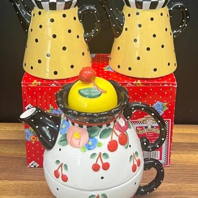 Mary Engelbreit - Yellow And Black Dot Tea Pot Candle Holders, 3 Piece Tea Pot With Cup