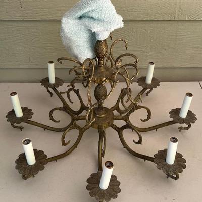 Vintage Solid Brass Chandelier With Glass Prisms And Chain