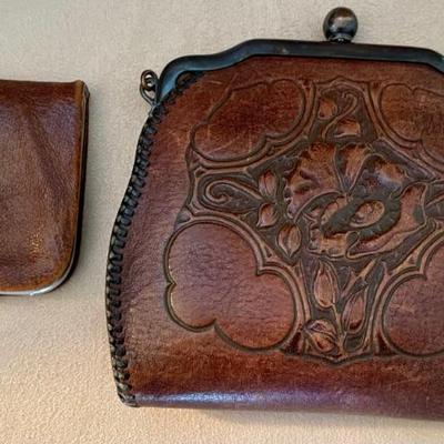 Art Deco Jemco Hand Tooled Leather Purse With Metal Frame And Suede Lining, Universal Leather Coin Purse