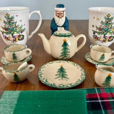 Miniature Holiday Tea Set, (2) Christmas Mugs, Wood Santa, (3) Hand Towels
