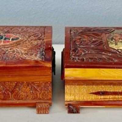 (2) Hand Carved Vintage Keepsake Boxes - Hunting Scene And Village