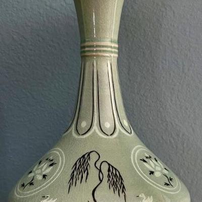 Vintage Korean Celadon Vase With Tree And Flower Motif