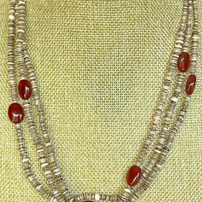 Native American Carnelian And Heishi Bead 3 Strand Necklace With Sterling Silver Clasp 