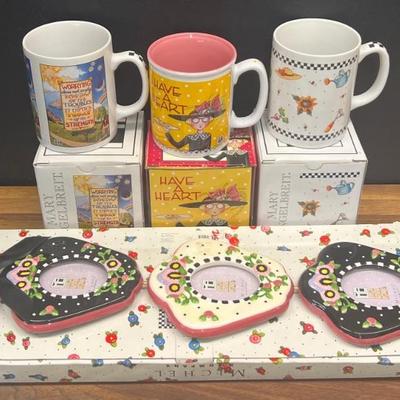 Mary Engelbreit - (3) Mugs IOB, All Tied Up In Roses Triple Wall Frame