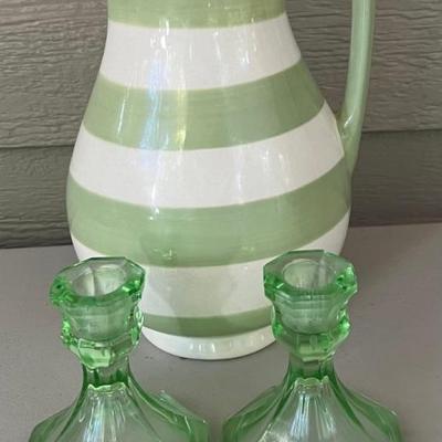 Pair Of Vintage Green Depression Glass Candle Holders With Green And White Stripe Pottery Pitcher