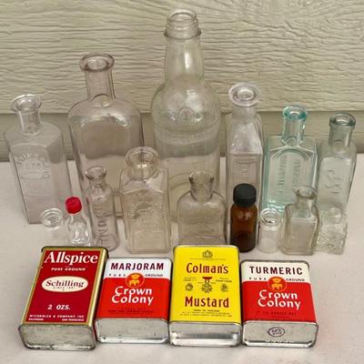 Assorted Vintage And Antique Glass Pharmacy, Drug, And Tincture Bottles With Tin Spice Containers