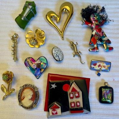 Lot Of Vintage And Hand Made Pins - Enamel, Art Glass, Cameo, And More