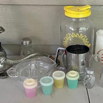 Vintage Kitchen Lot - Universal Grinder With Attachments, Tea Jar, Tupperware, Flour Sifter, Glass Juicer