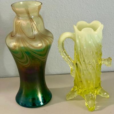 Antique Northwood Opalescent Vaseline Glass Town Pump With Handle, Antique Rimdskopf Feather Czech Vase As Is