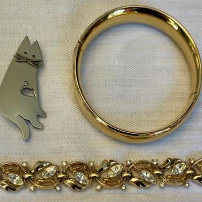 Pewter Cat Pin Signed J N, Vintage Gold Filled Bangle Bracelets, Trifari 1958 Gold Tone Bracelet 