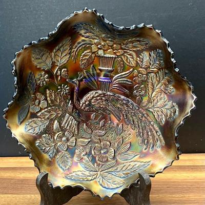 Fenton Carnival Iridescent Persian Blue Peacock And Urn 8.75" Ruffled Bowl
