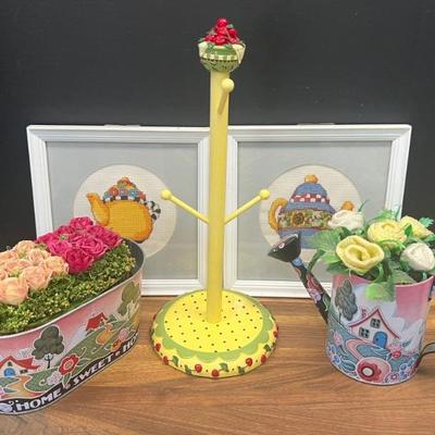 Mary Engelbreit - Cross Stitch Framed, Metal Planters With Faux Flowers, And Mug Hanger 