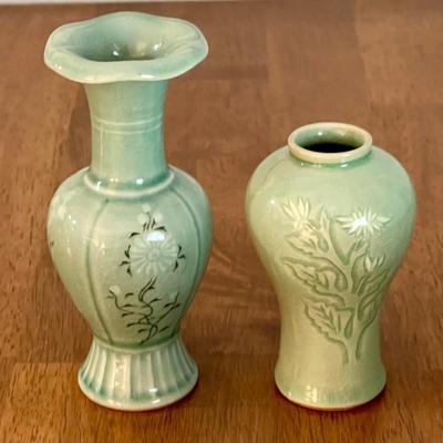 (2) Vintage Green Celadon Japan Vases