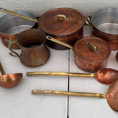 Vintage Copper And Brass Handle Cookware And Utensils - Pots, Pans, Scoops, Ladles, And More