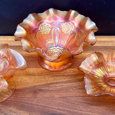 3 Vintate Dugan Marigold Carnival Glass Bowls - Double Stem Rose - Double Handled Compote & Footed Bowl 
