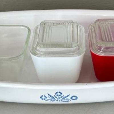 Corningware Blue Cornflower Casserole With 3 Pyrex White, Red, And Clear Fridge Dishes