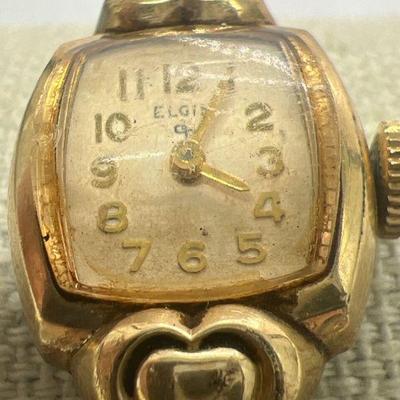 Elgin Ladies Heart Motif Cocktail Watch w/ 10 Karat Rolled Gold Plate Bezel
