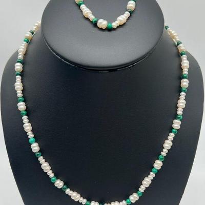 Freshwater Pearl & Malachite Matching Jewelry with Sterling Silver Clasps
