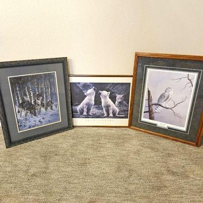  Set of Three Animal Themed Framed Wall Art Prints - Two Lithographs - Wolves and Owl