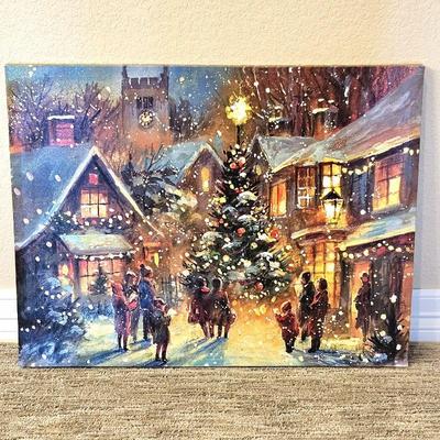 Fun Oil on Canvas Transfer Christmas Village Scene that Lights up! 20" x 26"