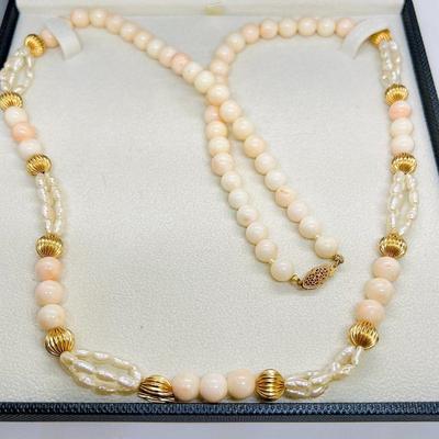 14k hand assembled coral and pearl necklace with gold beads 30 inches long with appraisal