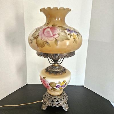 Vintage Hurricane Lamp Tan w/ Pink Roses and Purple Floral 26"T - Glass shades & Cast Iron Base