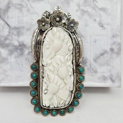  Large Pendant! Three-Horse Bone Carving in Silver with Green/Turquoise Accent Stones - 4.25" Tall