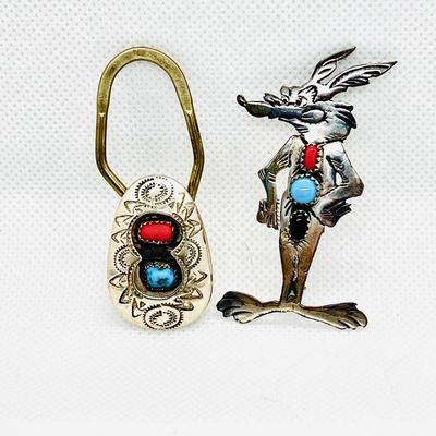 Vintage Native American jewelry with Wile E. Coyote Brooch and Key Ring
