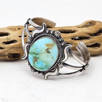 
Lot #96 - Gorgeous Hand Crafted Native American Turquoise and Sterling Cuff Bracelet - Artist Hallmark