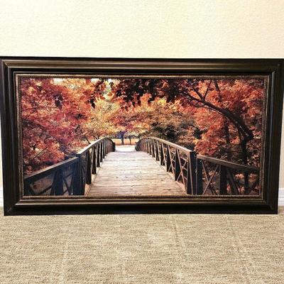 Large beautiful Wall Art Shows a Rustic Bridge on an Autumn Day 56"L x 32"T Framed