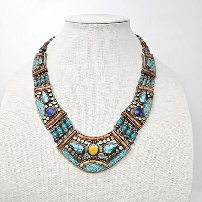 Lot #98 - Stunning Nepali Tibetan Tribal Statement Necklace With Turquoise and Coral Colored Stones in Silver Setting