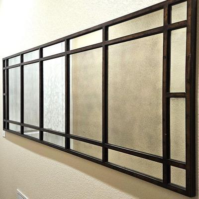 Large Paneled Wall Mirror with Metal Frame Painted in a rustic Wood Tone and Antiqued Aged Looking Glass