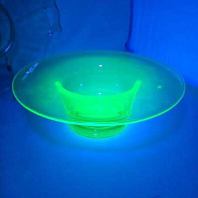 Set of Three Vaseline Glass Serving Pieces - Bowl, Cake Stand, & Plate