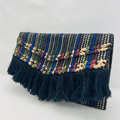 Handcrafted Stella & Dot Taj Clutch Purse with Black Fringe