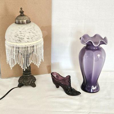  Vintage Glass Lot - Mini Lamp with Glass Shade w/ Fringe, Purple Glass Shoe and Purple Glass Vase
