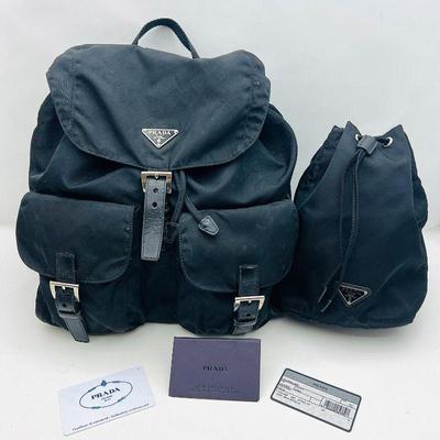 Prada for SEA-BEYOND Re-Nylon 12" Black Backpack Paired with 9" Nylon Drawstring Bag