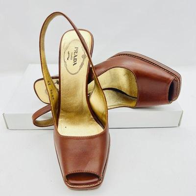 Brown PRADA Leather Peep Toe Slingback Heels- Classic Elegance -Sz. 36 Prada Brown Open-Toe Slingback Heels - Size 36