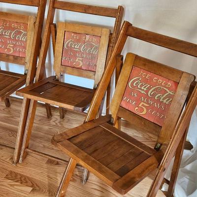 Set of Four Vintage Wooden Slat Advertising Folding Chairs for Coca-Cola