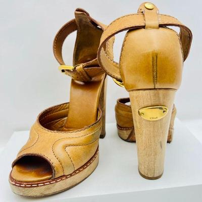 Vintage CHLOÉ Wooden Platform Heels in Soft Carmel Leather with Gold Ankle Buckle -Size 36.5