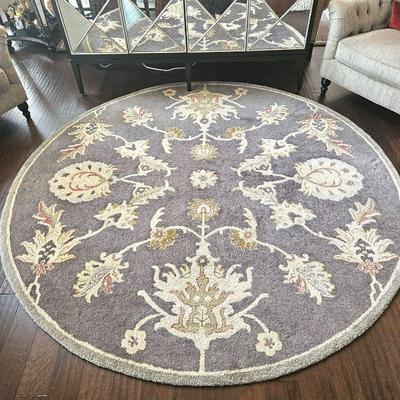 Round Area Rug Handcrafted 100% Wool from India - Grey w/ Whites and Yellows - 7.5' Diameter