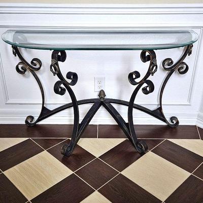 Elegant Glass and Wrought Iron Half Moon Hall Table w/ Beveled Glass Top from Carla's - A Classic Design